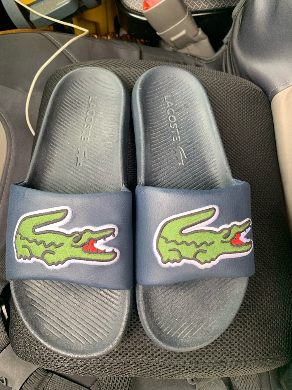 Lacoste Navy Slides with Green Croc Patch